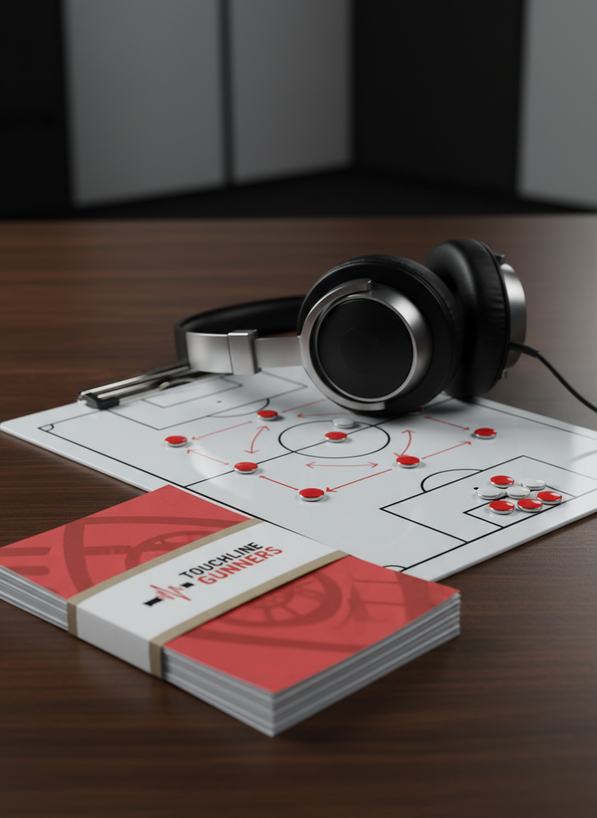 A polished wooden tabletop holds a neatly stacked set of printed show notes branded with the Touchline Gunners logo, featuring a stylized cannon and audio wave in Arsenal colors. Beside the notes lies a glossy tactical clipboard covered in magnetic red and white markers arranged in a clear 4-3-3 formation, arrows indicating pressing triggers and passing lanes. A pair of professional closed-back studio headphones rests partially on the clipboard, their metal arms catching the light. Soft overhead lighting and a subtle side light create controlled highlights and defined, professional shadows. Captured from a slightly elevated angle in photographic realism, the scene feels studious, strategic, and organized, communicating the podcast’s focus on in-depth tactical breakdowns and thoughtful analysis.