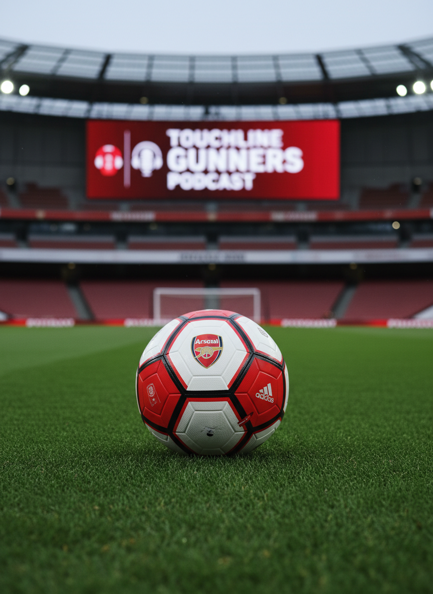 A pristine match-ready Adidas football in Arsenal’s red and white color scheme rests on lush, perfectly trimmed emerald turf inside a modern stadium. In the background, slightly out of focus, a large digital screen displays the bold words “Touchline Gunners Podcast” alongside subtle microphone and headphone icons in club colors. Cool, diffused floodlights bathe the scene in even stadium lighting, creating crisp highlights on the ball’s textured panels and soft shadows in the grass. Shot at eye level with a shallow depth of field for photographic realism, the image feels professional, focused, and anticipatory, capturing the build-up before kickoff and evoking the tactical analysis and weekly match breakdowns of an elite Arsenal podcast.
