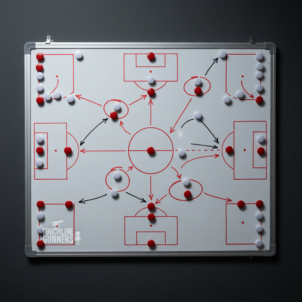 A dramatic close-up of a classic white tactics board mounted on a dark matte wall, filled with precise red and white magnetic counters representing Arsenal and their opponents. Clean, purposeful arrows and circles illustrate build-up patterns, pressing traps, and overloads, all drawn in red and black marker. In the lower corner of the board, a discreet Touchline Gunners podcast logo appears like a watermark. Cool, directional side lighting from the left emphasizes the glossy surface and marker strokes, creating subtle reflections and shadows from the magnets. Shot straight-on with sharp focus and photographic realism, the mood is analytical and intense, evoking post-match breakdowns and midweek tactical previews central to a professional Arsenal football podcast.