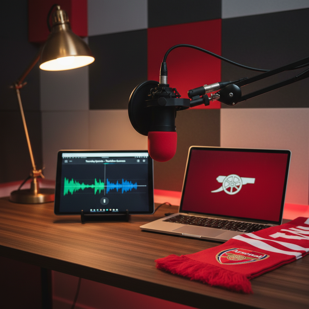 A sleek, professional podcast setup themed in Arsenal red and white stands on a dark walnut studio desk. A high-end black condenser microphone with a red pop filter faces a tablet displaying a paused audio waveform labeled “Thursday Episode – Touchline Gunners.” To the side, a closed laptop shows a minimalist Arsenal-inspired wallpaper, while a small scarf in deep red with white trim is neatly folded beside it. Soft, warm studio lighting from a desk lamp and subtle LED backlighting cast gentle reflections on the microphone’s metal grille. Photographic realism with a shallow depth of field keeps the mic in sharp focus while the background blurs into a clean, modern acoustic panel wall, creating a calm yet analytical atmosphere perfect for serious football discussion.